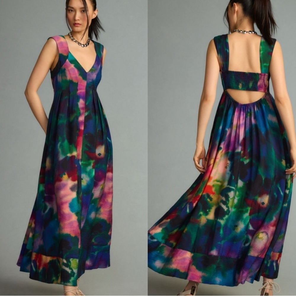 By Anthropologie Printed V-Neck Pleated A-Line Dress